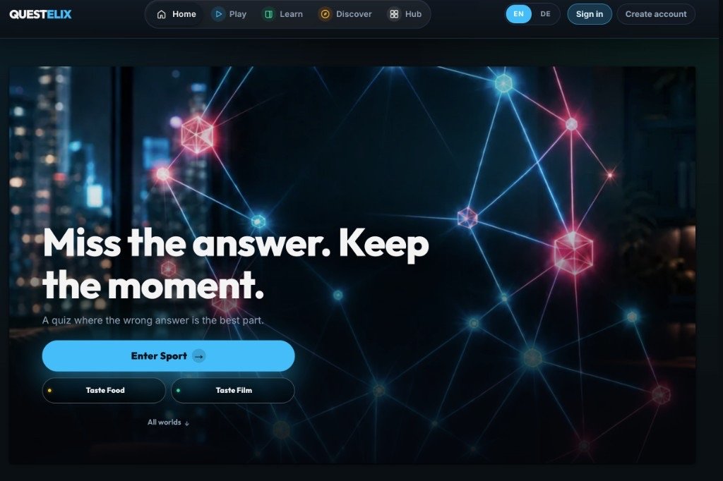 Questelix home screen — Miss the answer. Keep the moment.